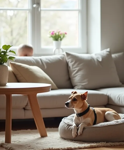 Liten hund med sele och lugn bädd i en ljus lägenhet
