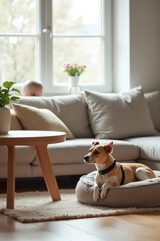 Liten hund med sele och lugn bädd i en ljus lägenhet