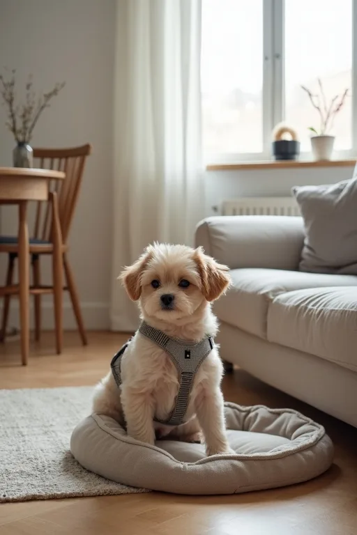 Sele och mjuk hundbädd i ett ljust hem för en liten hund