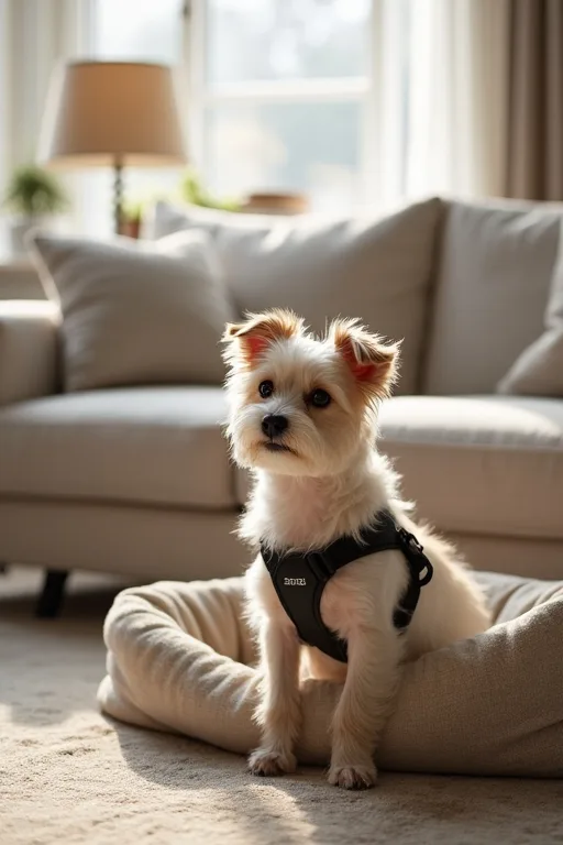 Liten hund som vilar i en lugn bädd i en ljus lägenhet