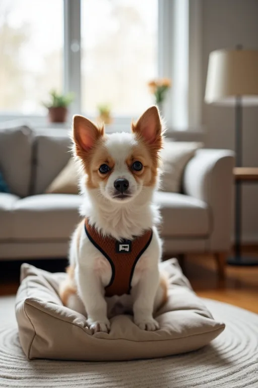 Lugn liten hund i ett prydligt vardagsrum med sele och bädd