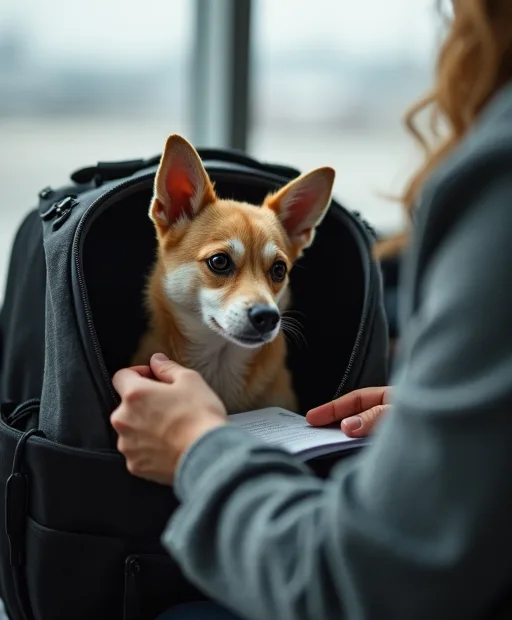 En liten hund i en flyggodkänd transportväska på flygplatsen inför resa