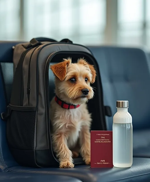 En liten hund sitter i en flyggodkänd transportväska på flygplatsen med vattenflaska och resehandlingar bredvid.