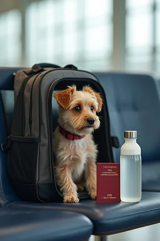 En liten hund sitter i en flyggodkänd transportväska på flygplatsen med vattenflaska och resehandlingar bredvid.
