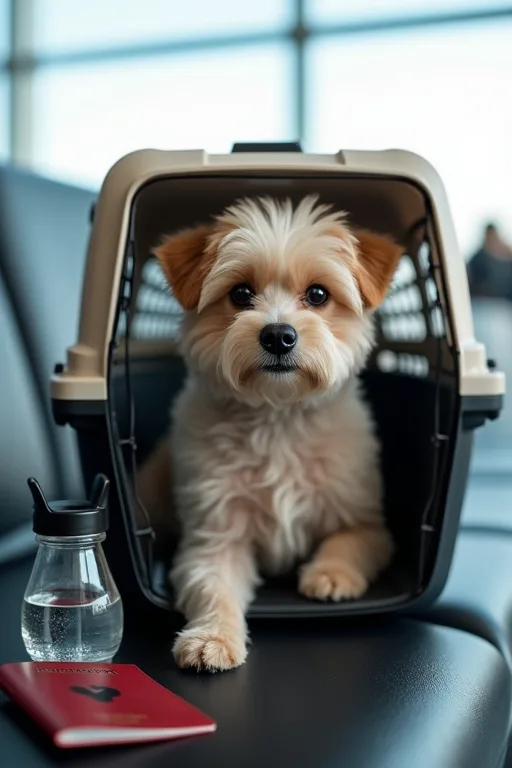 Hundägare förbereder resehandlingar och en transportväska inför flygresa med hund.
