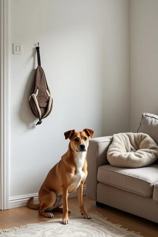 En hund som vilar på en mjuk bädd i ett lugnt vardagsrum med naturligt ljus