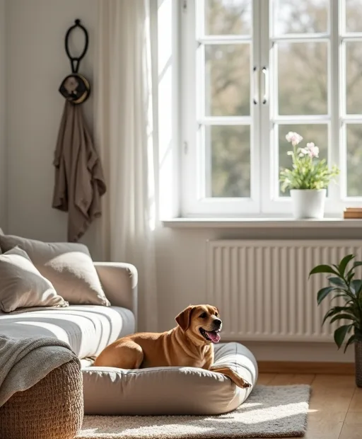 En lugn hund i en lägenhet med kompakt sele och en mjuk hundbädd i vardagsrummet