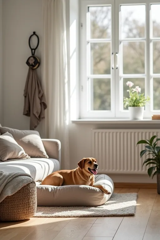 En lugn hund i en lägenhet med kompakt sele och en mjuk hundbädd i vardagsrummet