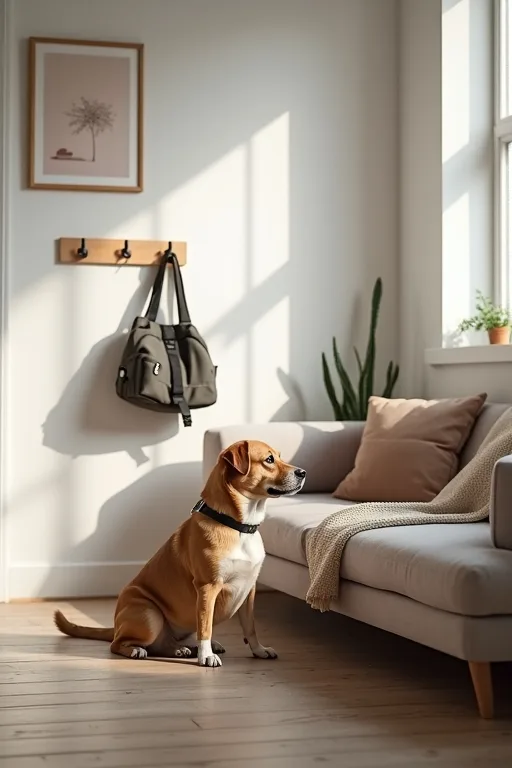 En liten till medelstor hund som vilar lugnt i en modern lägenhet