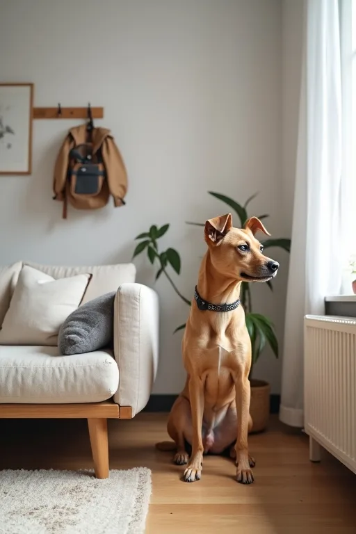 En lugn hund med ett enkelt och välorganiserat upplägg i en skandinavisk lägenhet