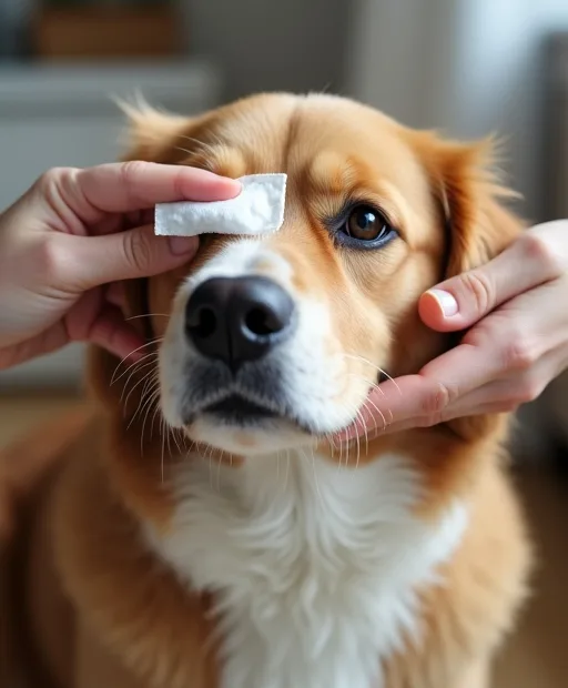 En hundägare rengör försiktigt hundens ögon med en ögonservett hemma.