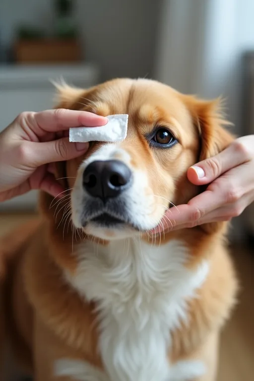 En hundägare rengör försiktigt hundens ögon med en ögonservett hemma.