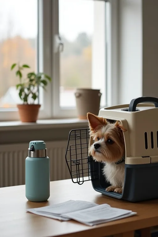 Vattenflaska och reseutrustning för hund inför längre flygresa