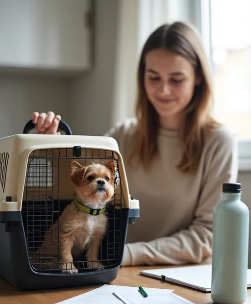 Hundägare som packar en flyggodkänd transportväska och vattenflaska inför flygresa med hund