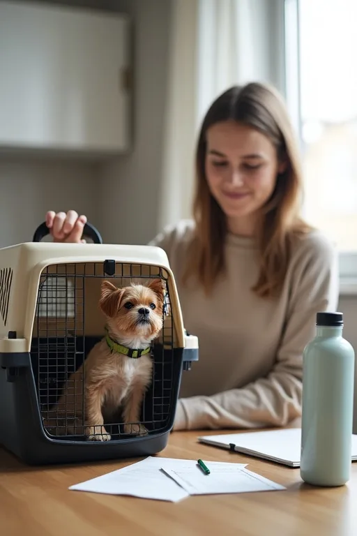 Hundägare som packar en flyggodkänd transportväska och vattenflaska inför flygresa med hund