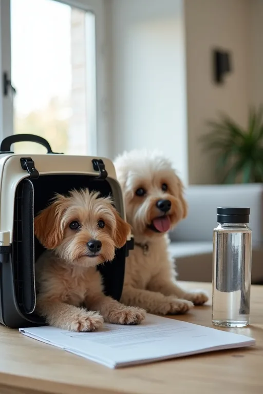Resedokument för hund och enkel resepackning på ett bord i lugn hemmamiljö