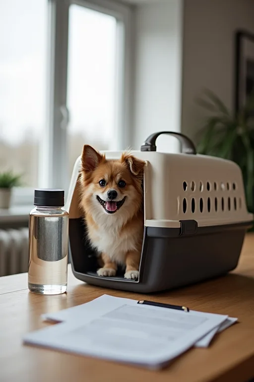 Packning inför flygresa med hund där dokument och reseutrustning ligger framme