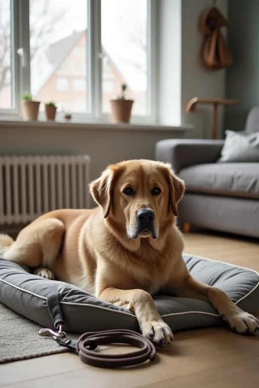 Stor hund med sele som visar varför passform och kontroll är viktiga i vardagen.