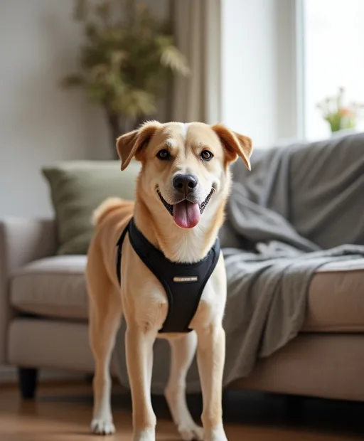 Familjehund med sele bredvid en skyddsfilt i ett vardagsrum.