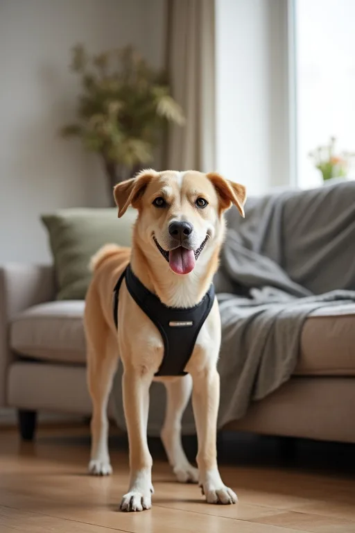 Familjehund med sele bredvid en skyddsfilt i ett vardagsrum.