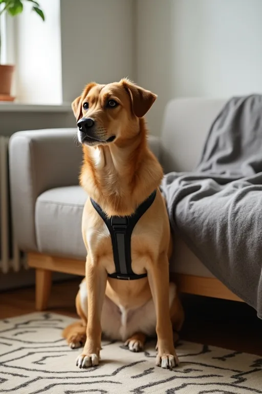En medelstor hundsele som används i en lugn hemmiljö.