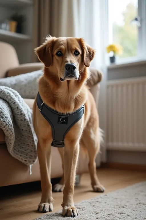 Hund i sele vid en soffa med skyddande filt i hemmiljö.