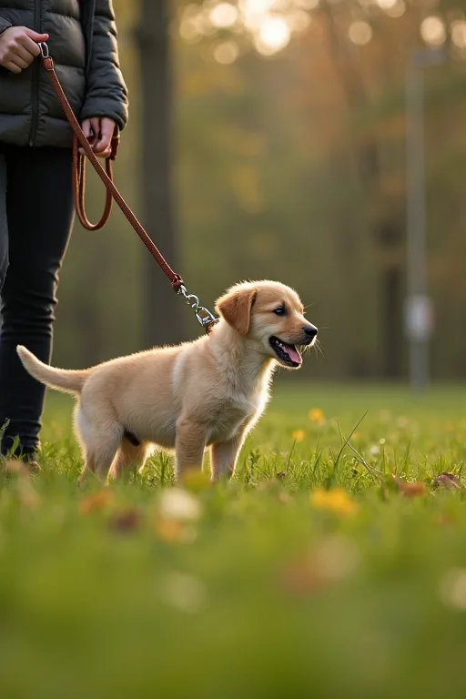 En valp och en hundägare i en lugn utomhusmiljö under strukturerad inkallningsträning.