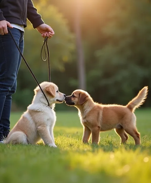 En valp och en hundägare som tränar inkallning med långlina i en lugn miljö.