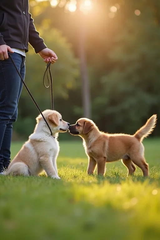 En valp och en hundägare som tränar inkallning med långlina i en lugn miljö.