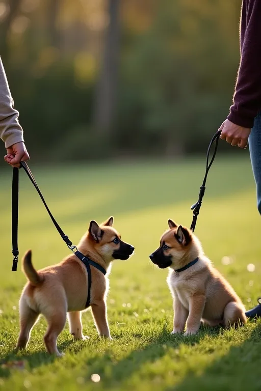 En hundägare tränar inkallning på nära håll med en valp i lugn vardagsmiljö.