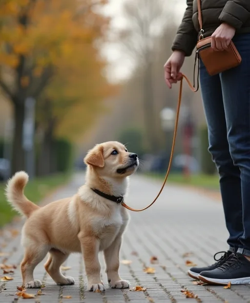 Valp som tränar koppelgående med en lugn hundägare på en stilla promenad.