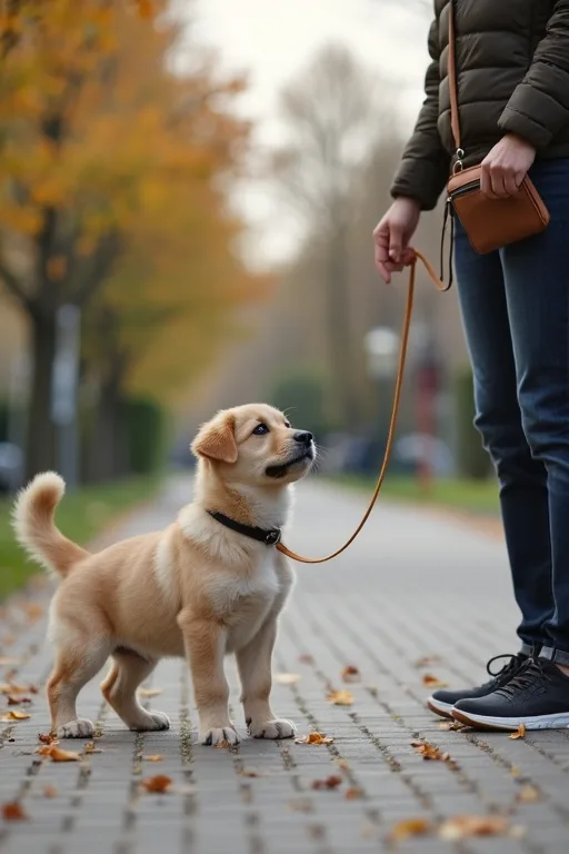 Valp som tränar koppelgående med en lugn hundägare på en stilla promenad.