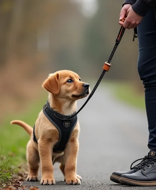 Valp som tränas i koppel på en lugn promenad med belöning från godisväska.