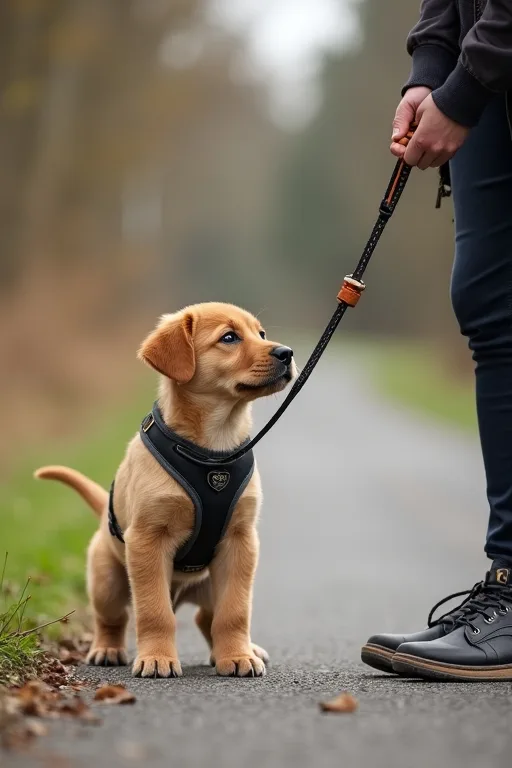 Valp som tränas i koppel på en lugn promenad med belöning från godisväska.