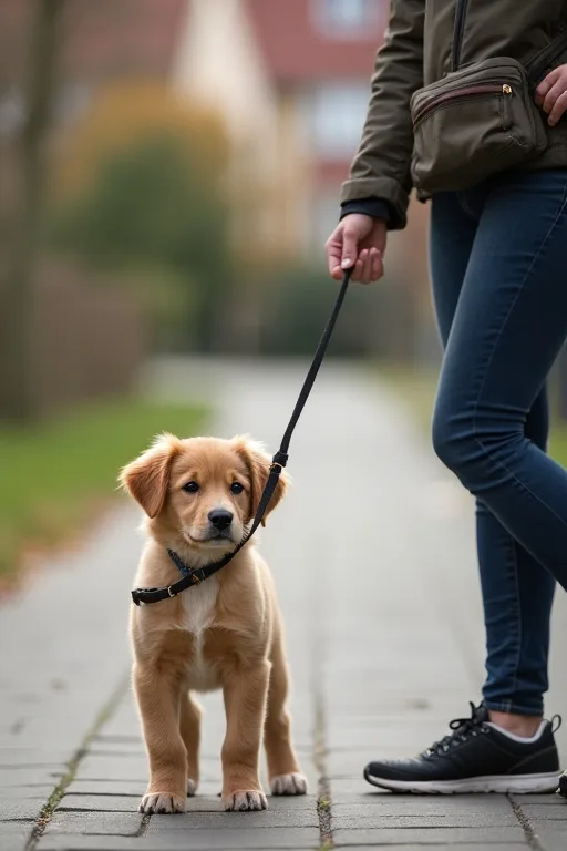 Närbild av koppelträning där hundägaren håller en lugn och kort lina nära valpen.