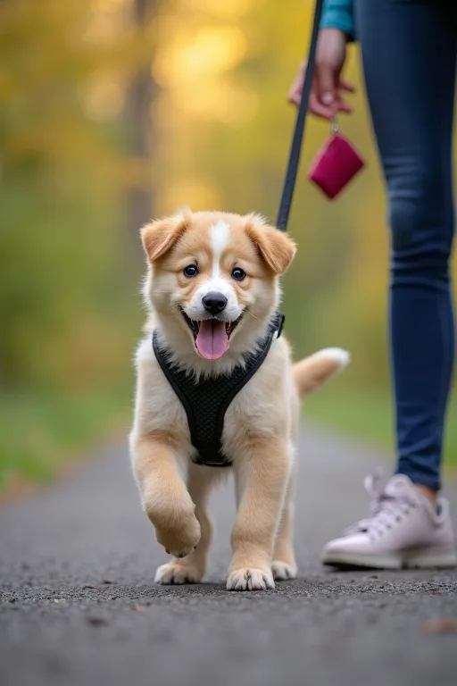 Hundägare som lugnt belönar valp under koppelträning med godisväska.