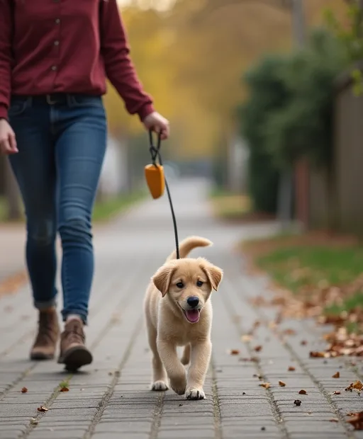 Valp som tränas i koppel på en lugn promenad med ägaren.