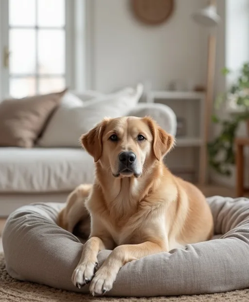 En lugn hund som vilar i en mysig bädd i ett stilla hem.