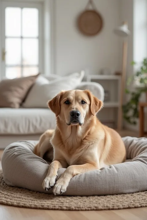En lugn hund som vilar i en mysig bädd i ett stilla hem.