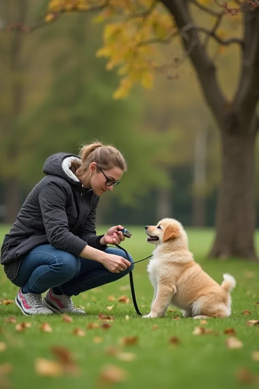 Valp och ägare tränar lugn inkallning i grön park