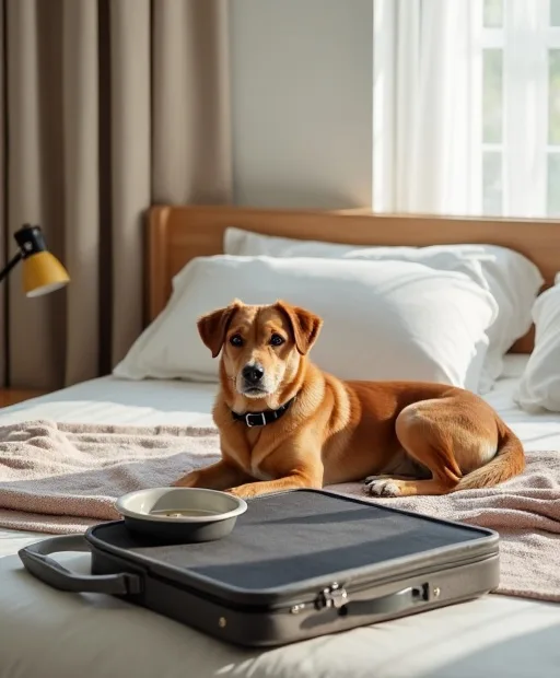 Hund som vilar i ett hotellrum bredvid resväskan, hopfällbar skål och mikrofiberhandduk.