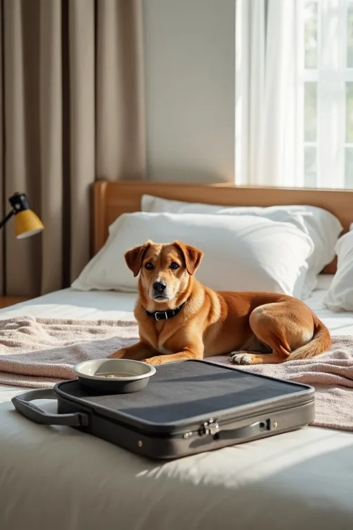 Hund som vilar i ett hotellrum bredvid resväskan, hopfällbar skål och mikrofiberhandduk.