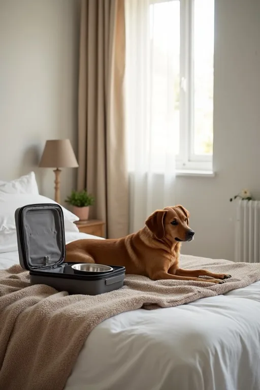 Hund vila i hotellrum med packning och reseutrustning, förberedelser inför övernattning.