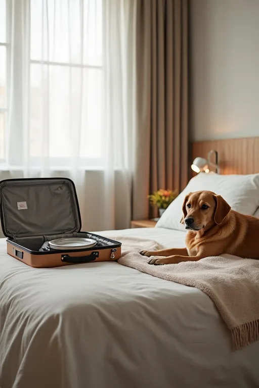 Packning för hotellvistelse med hund, inklusive skål och handduk på en ren resesäng.