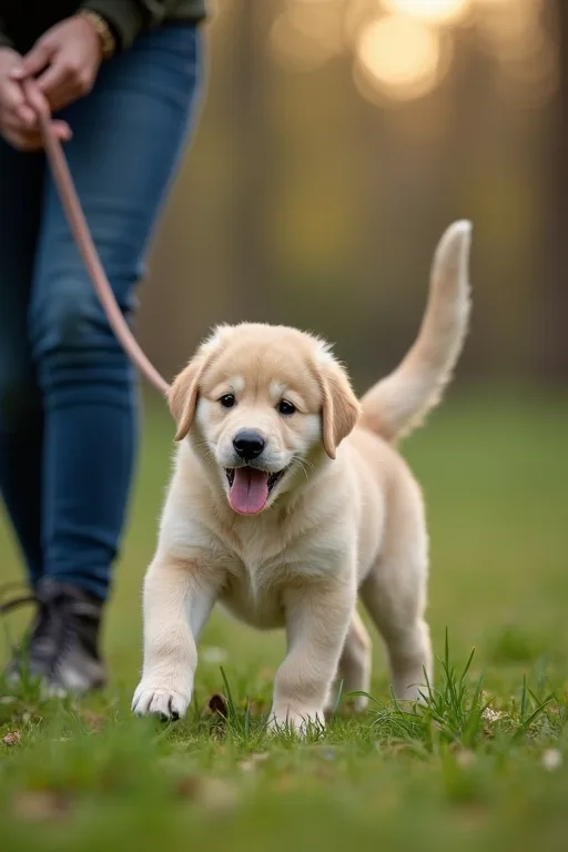 Valp och hundägare under lugn träning i en svensk utomhusmiljö