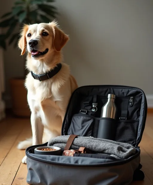 En packad hundreseväska med vattenflaska, bajspåsehållare, koppel och filt bredvid en hund.