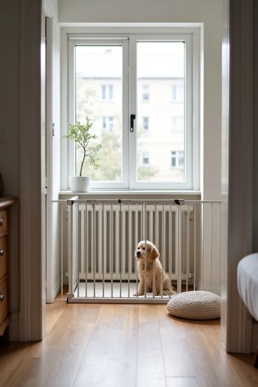 En lugn svensk hall eller vardagsdel förberedd för hund med tydliga ytor och enkel möblering.