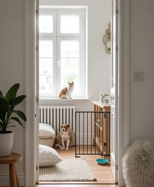 Förberett hem med barngrind, hundhage och enkel sovplats inför att en hund ska flytta in.