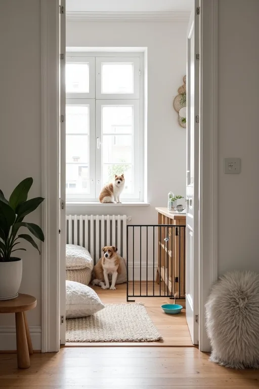 Förberett hem med barngrind, hundhage och enkel sovplats inför att en hund ska flytta in.