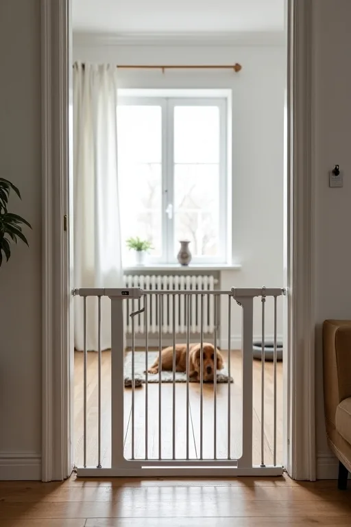 Barngrind och hundhage som avgränsar en trygg del av hemmet inför en ny hund.